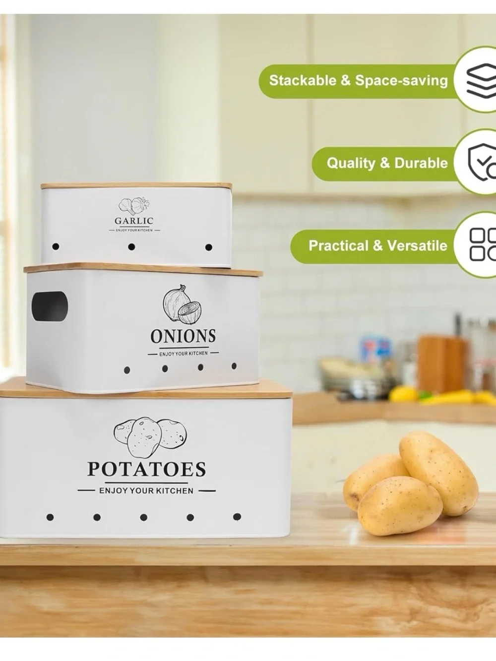White Stackable Kitchen Storage Bins for Potatoes Onions Garlic - Brand: